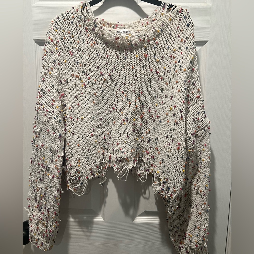 Wild Honey cropped distressed white/multi sweater